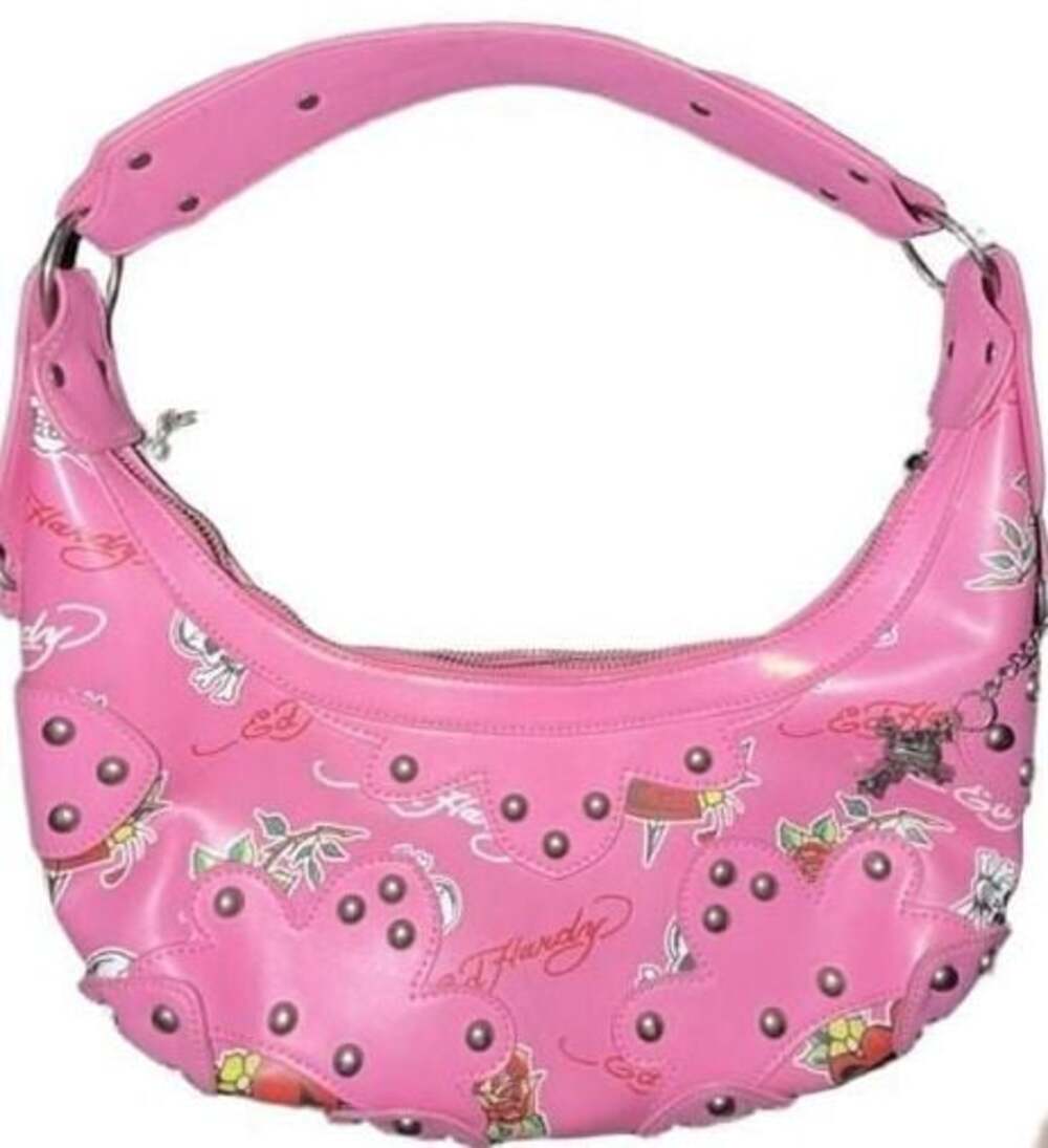 Vintage Ed Hardy Pink Tattoo Print Studded Hobo Bag - Y2K Skull & Roses